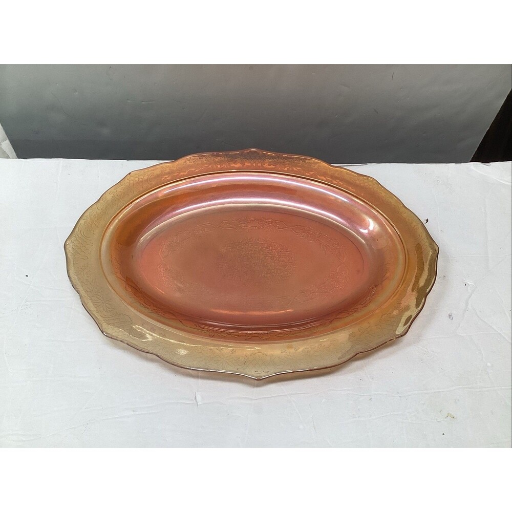 vintage federal glass normandie iridescent marigold oval 12-3/4”x8-1/2”